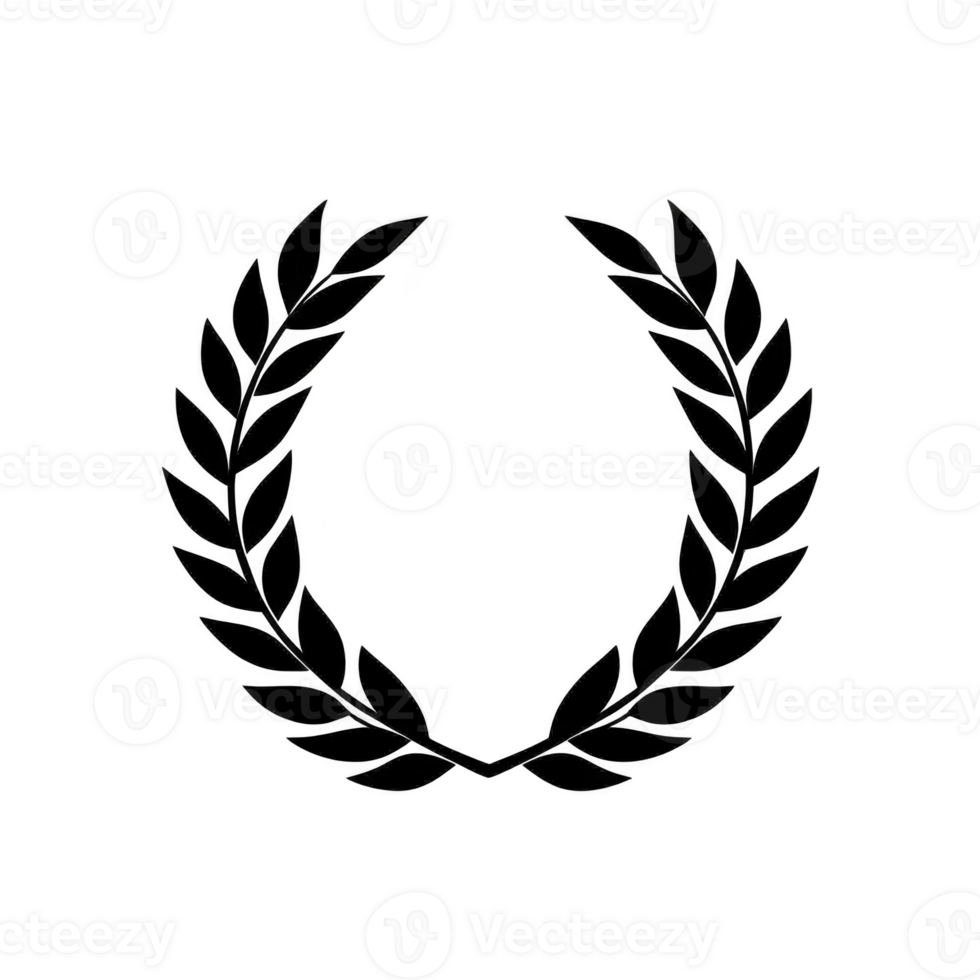 black laurel wreath symbolizing victory or achievement, often used in awards or emblems. symmetrical design features two branches of leaves curving upward and meeting at top png
