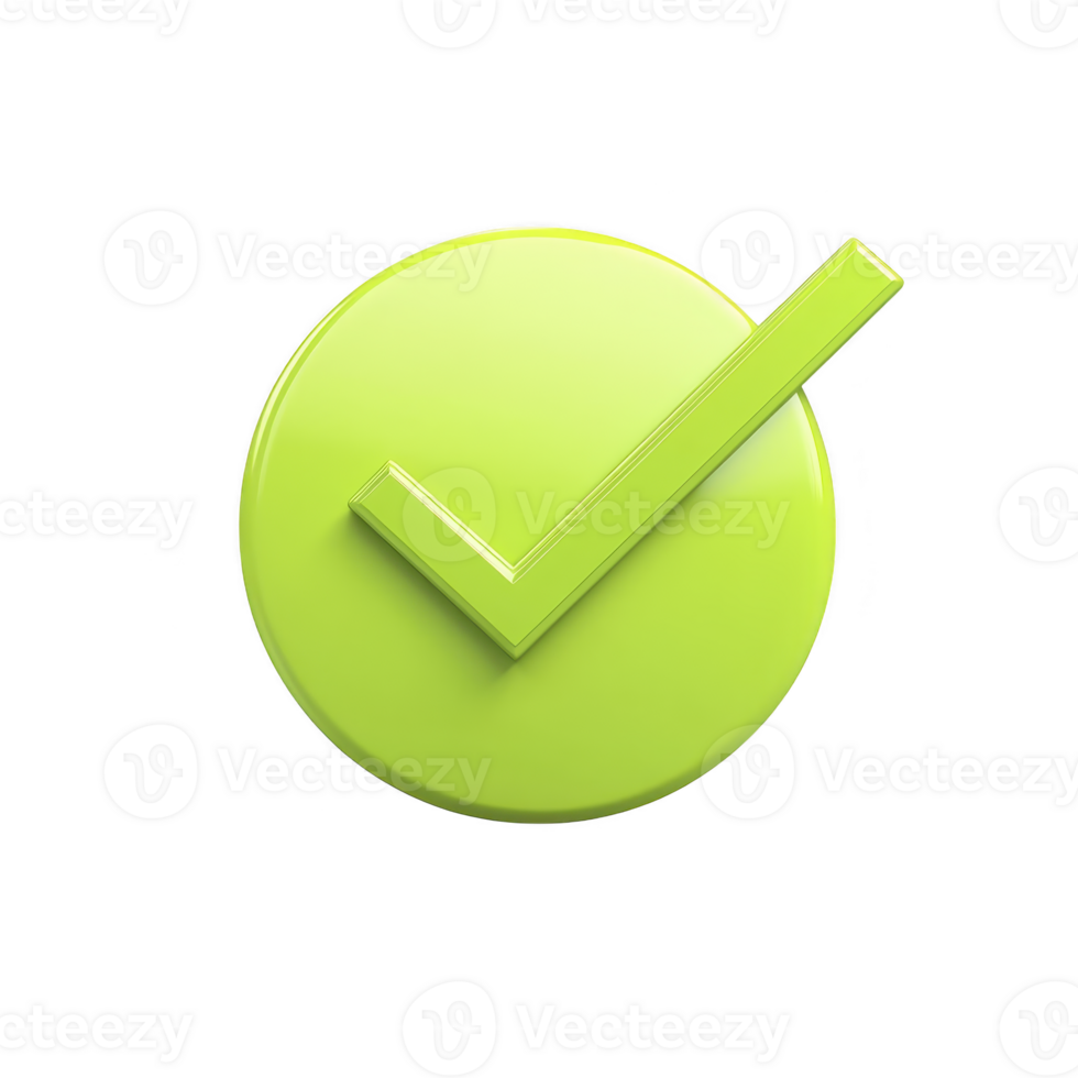 A bright green check mark symbol on circular background represents approval or confirmation. glossy finish adds modern touch to design png