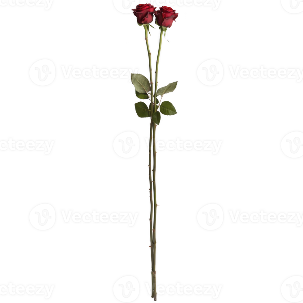 Two vibrant red roses with lush green leaves on long stems, symbolizing love and passion, are elegantly displayed against plain background png