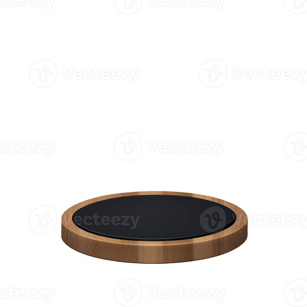 round wooden platform with black surface is isolated on transparency background, ideal for product display or presentation. simple design emphasizes natural materials png