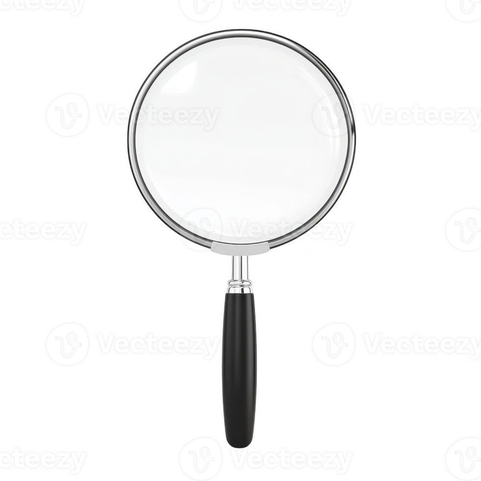magnifying glass with black handle and silver frame is shown against transparency background, highlighting its simplicity and functionality png