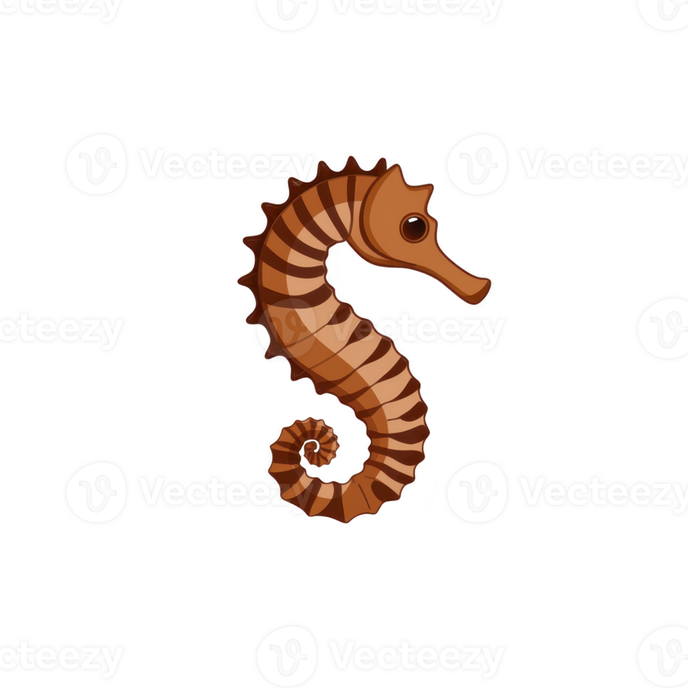 cute, cartoon style seahorse illustration with brown, striped body and curled tail, set against plain background. seahorse has friendly expression png