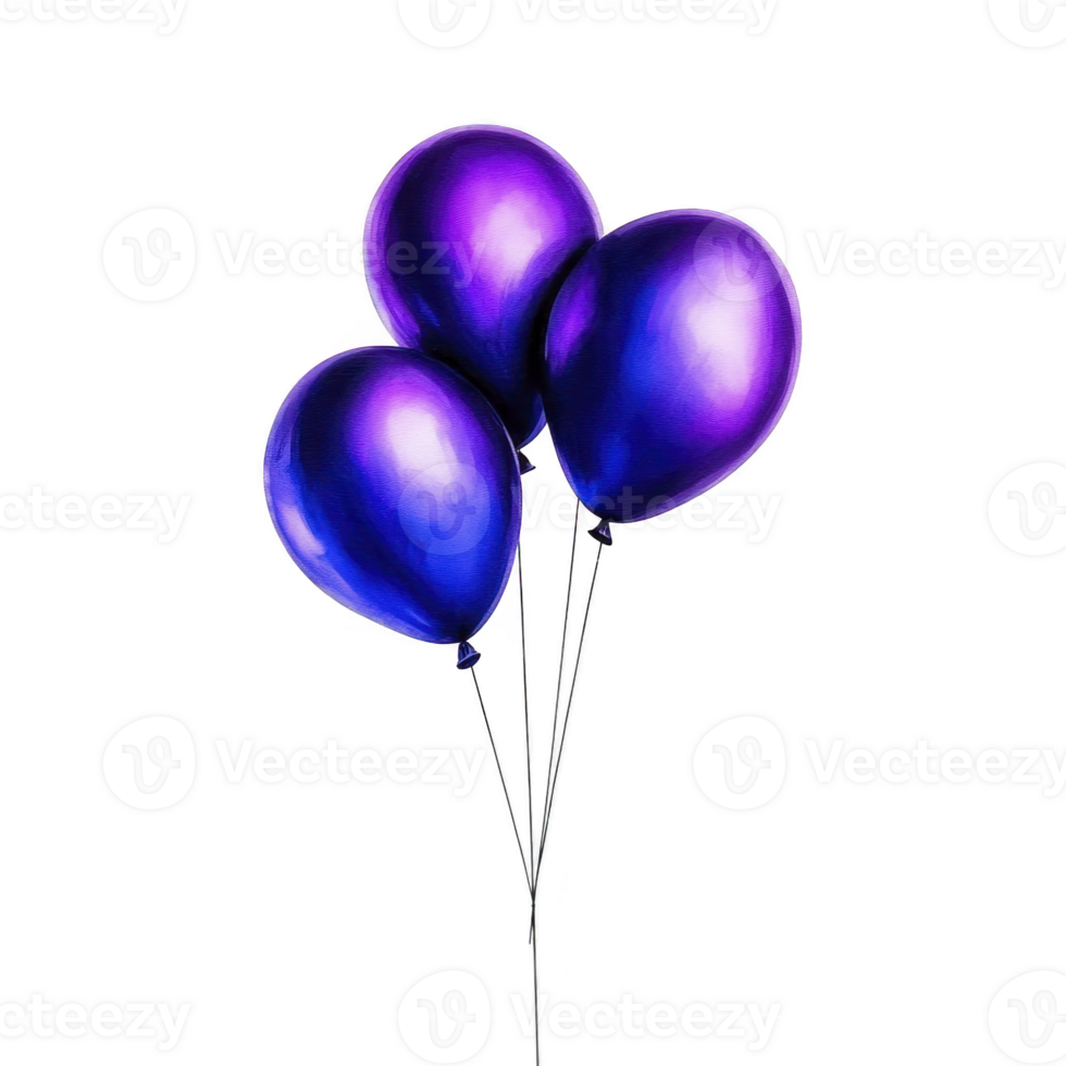 A Three vibrant purple balloons float against plain background, creating festive and joyful atmosphere. glossy surface reflects light, enhancing their vivid color and cheerful appearance png