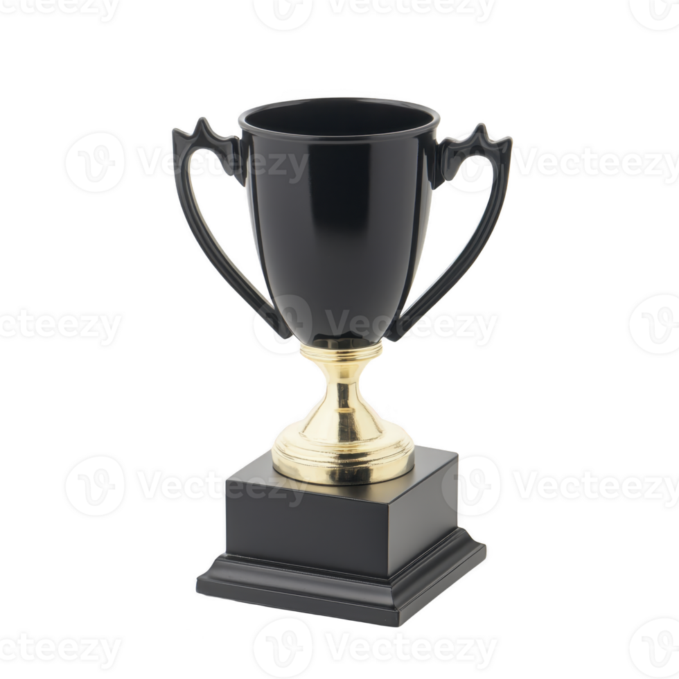 sleek black trophy with gold base and handles, symbolizing achievement and success. elegant design makes it ideal for awards and recognition ceremonies png
