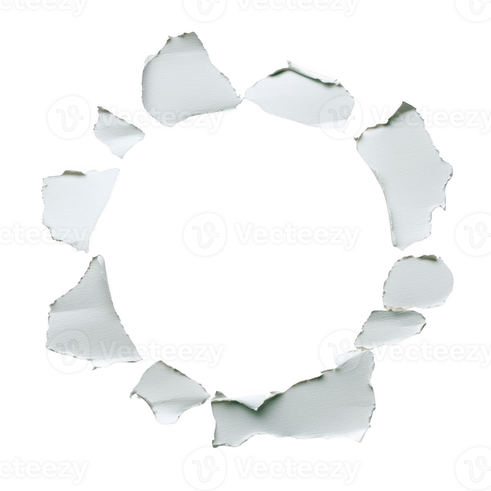 circular hole is torn through sheet of white paper, creating jagged edges around opening. contrast between clean white paper and transparency background emphasizes rough texture of torn edges png