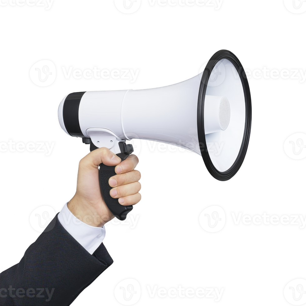 A hand holding white megaphone with black handle, symbolizing communication and announcement. image conveys sense of urgency and attention png