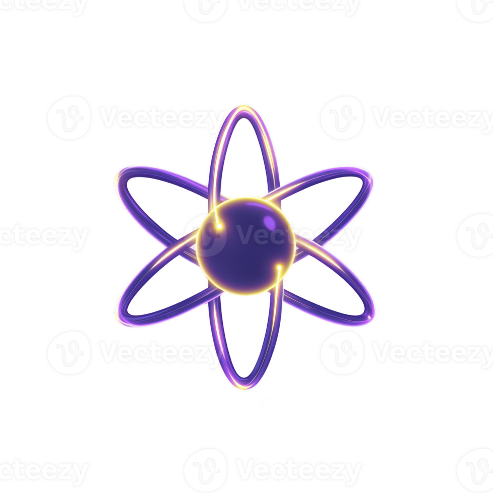 glowing purple atom model with orbiting electrons symbolizes science and energy. vibrant design highlights atomic structure and scientific concepts png