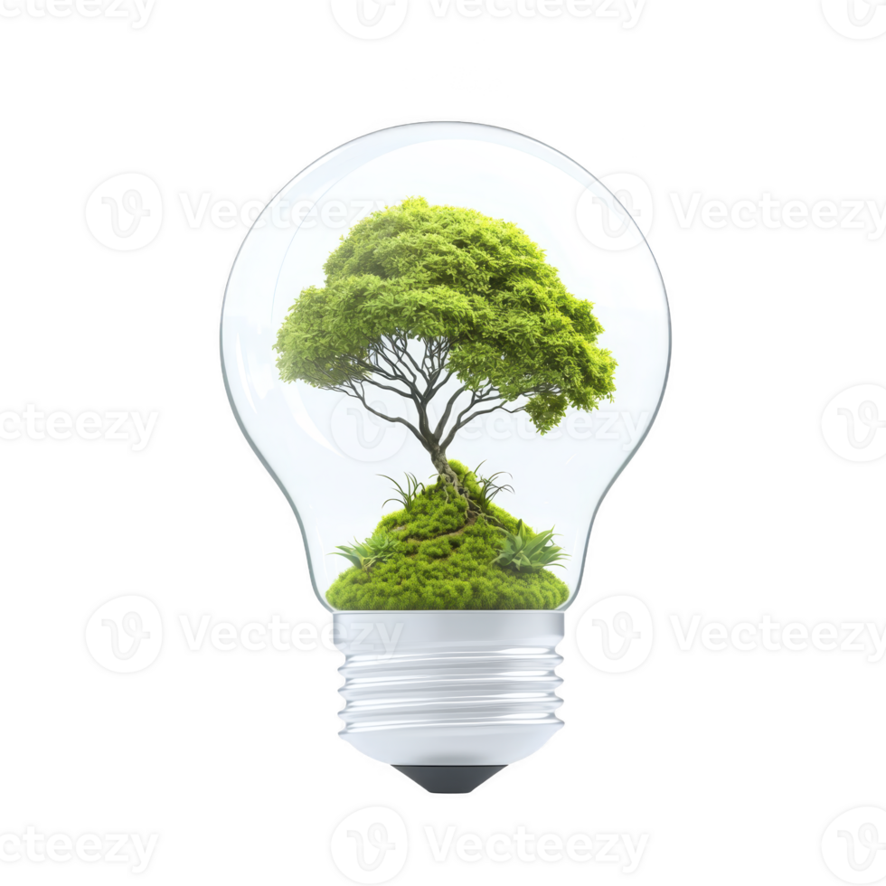 tree growing inside light bulb symbolizes concept of sustainable energy and environmental conservation, blending nature with technology in creative and inspiring way png