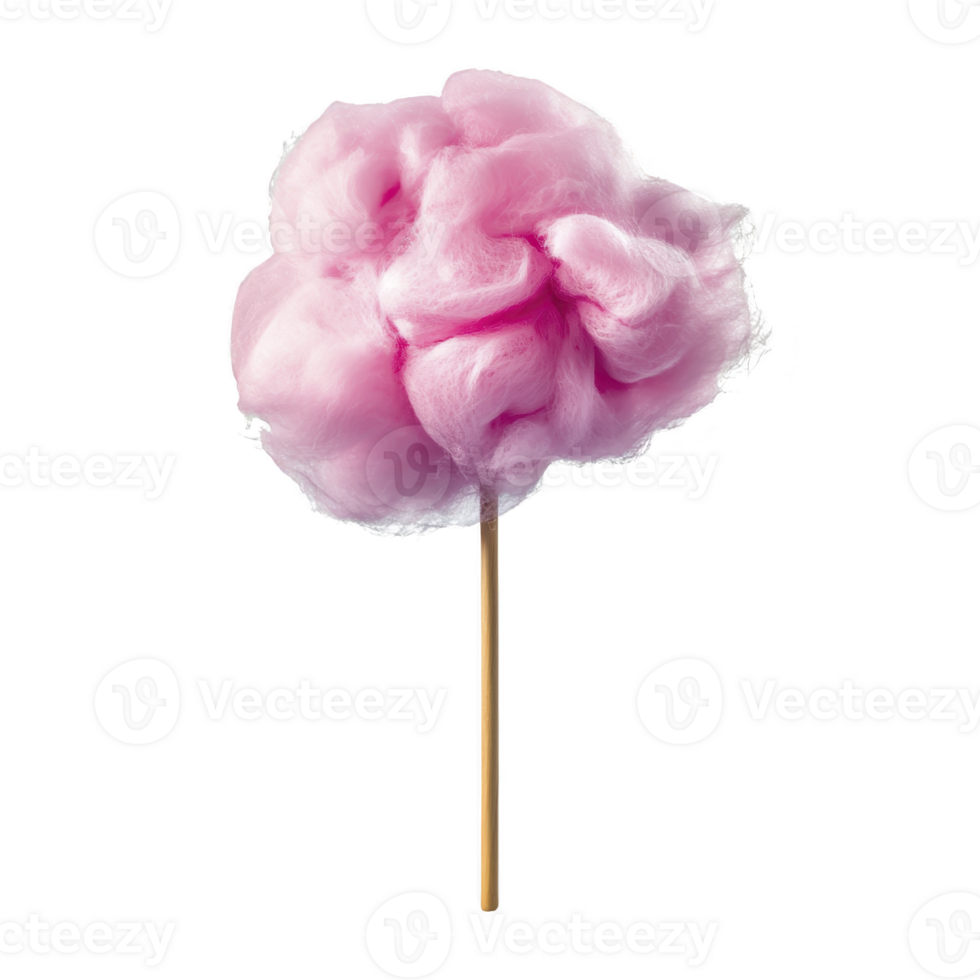 Fluffy pink cotton candy on stick, evoking sense of nostalgia and sweetness, isolated on transparency background. Perfect for carnival or fair themed designs png