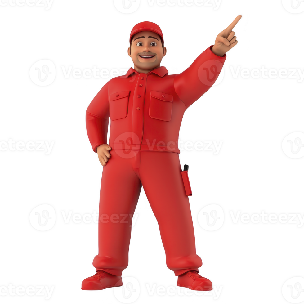 A cheerful cartoon character in red uniform and cap is pointing upwards with smile, conveying enthusiasm and positivity. character dynamic pose and bright attire make it eye catching png