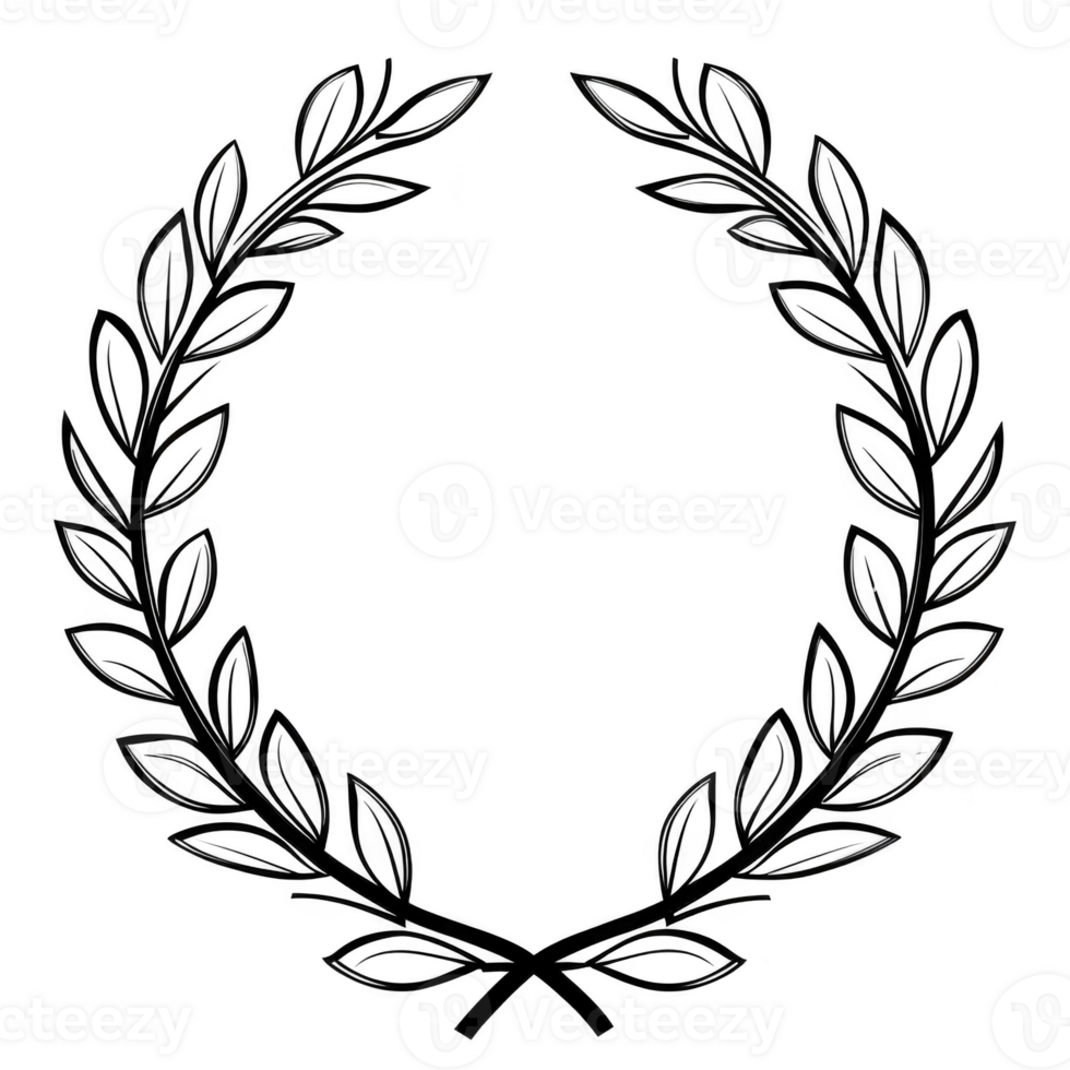 hand drawn laurel wreath with detailed leaves forms circular shape, symbolizing victory and achievement. simple black and white design gives it classic and elegant appearance png