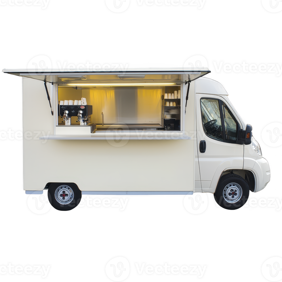 white food truck with open serving window displays coffee machine and cups, ready for service. interior is well lit, creating welcoming atmosphere for customers png