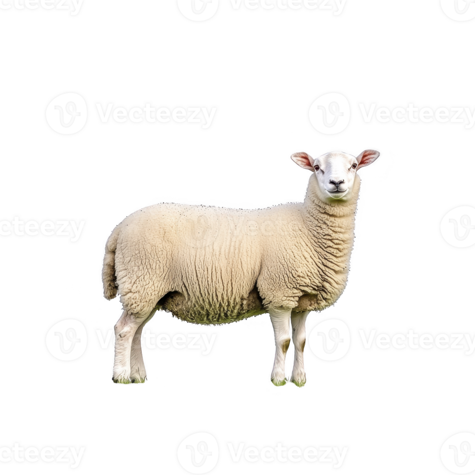 fluffy sheep stands on transparency background, showcasing its thick wool and gentle expression. animal ears are perked up, adding to its attentive demeanor png
