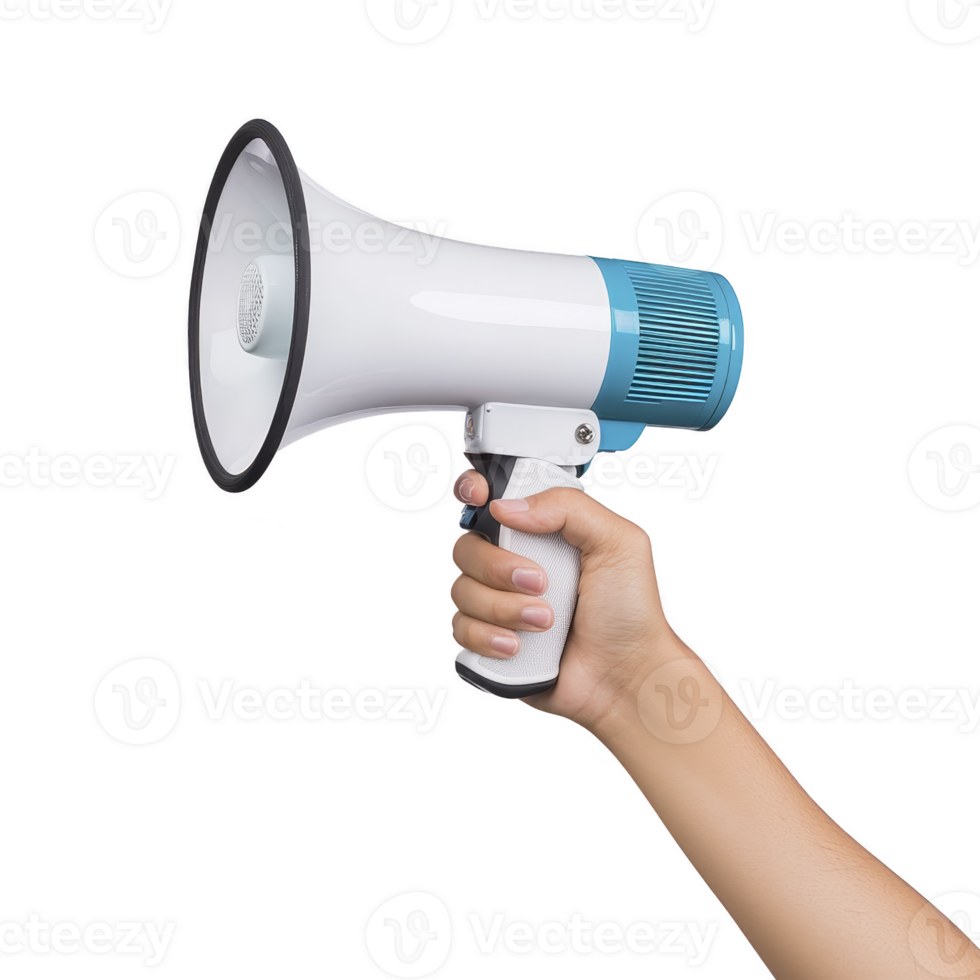 A hand holds blue and white megaphone, symbolizing communication and amplification. image conveys sense of urgency and attention. background is plain, emphasizing megaphone png