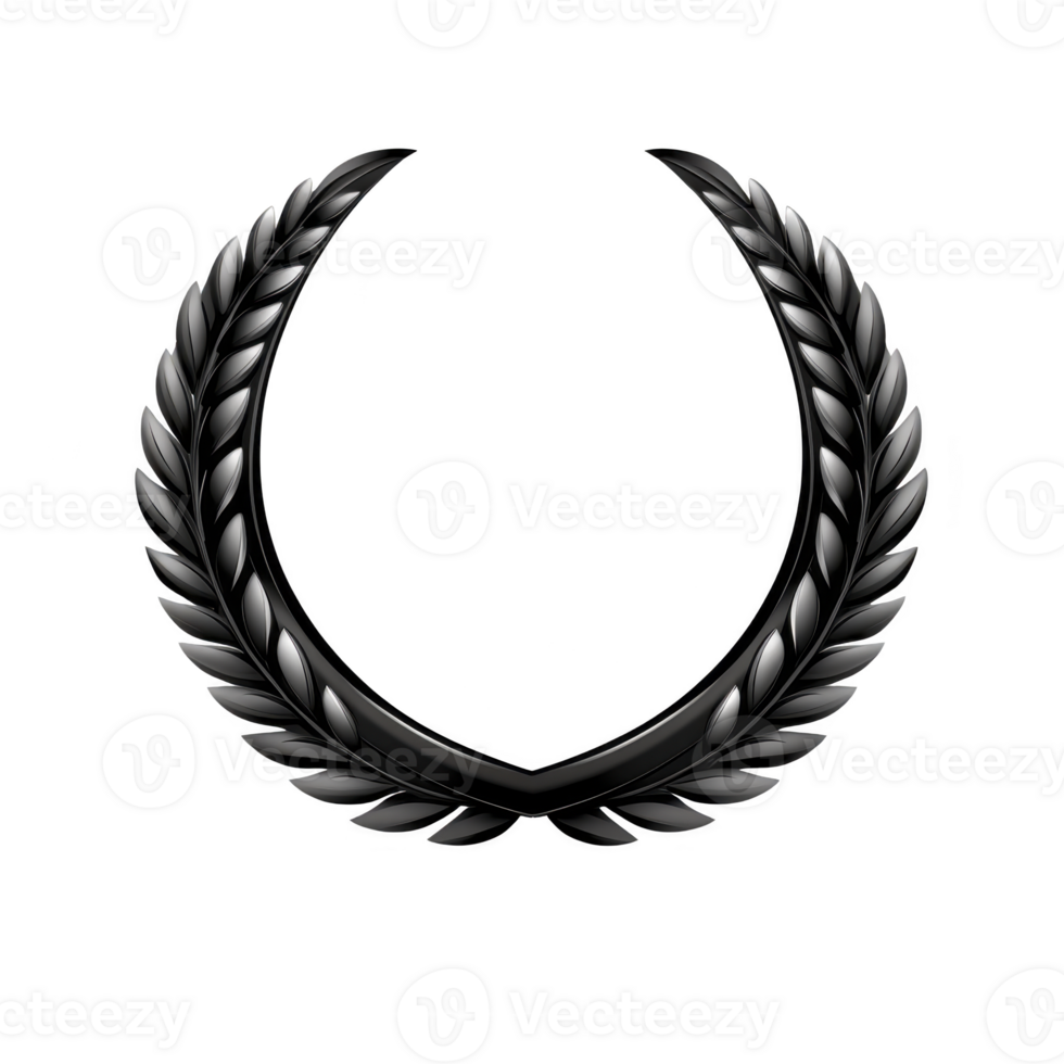 black laurel wreath symbolizing victory and achievement, often used in awards and emblems. design features detailed leaves forming symmetrical, elegant shape png