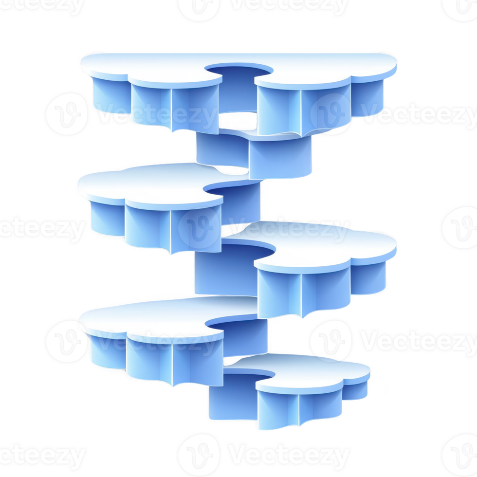 This features series of abstract, cloud like shapes stacked vertically, creating spiral staircase effect. design is rendered soft blue tones, giving it serene and dreamy appearance. shapes appear png