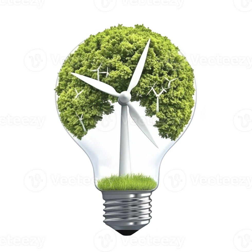 light bulb with tree and wind turbine inside symbolizes renewable energy and sustainability, highlighting concept of eco friendly innovation and green technology png