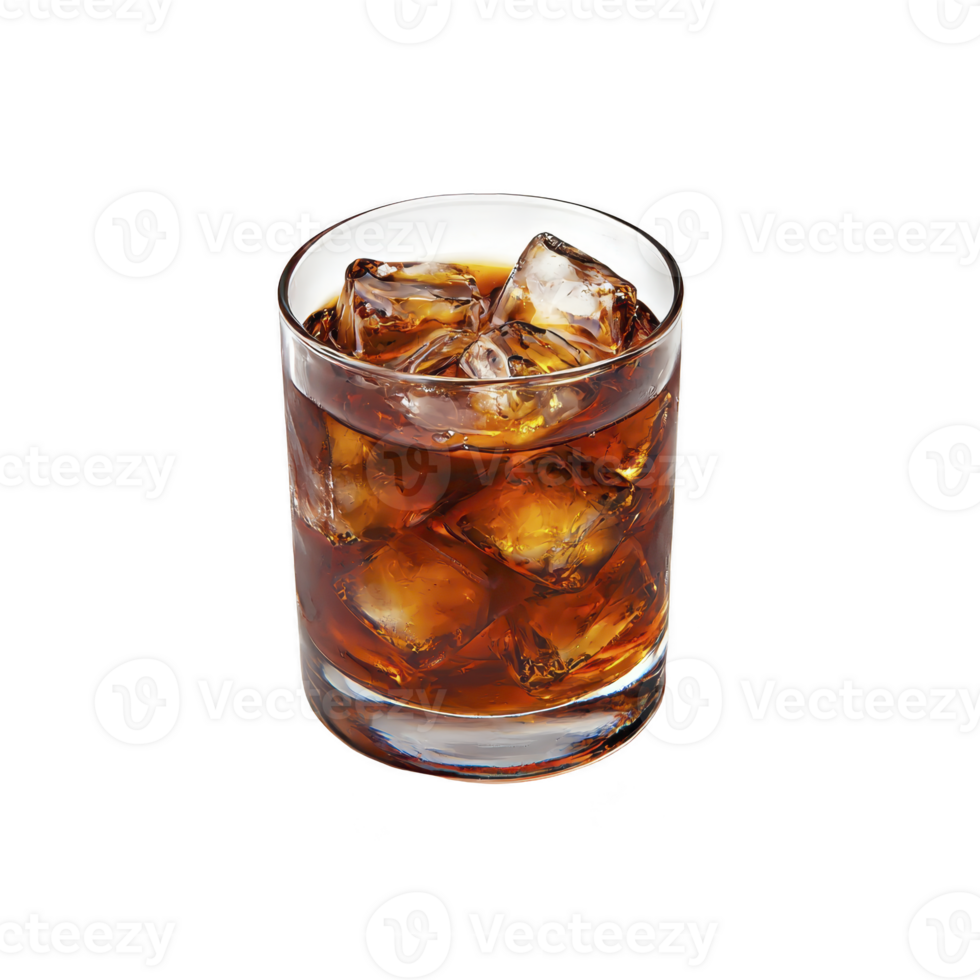 glass of dark, refreshing iced beverage with large ice cubes, perfect for cool drink. transparent glass showcases rich color of liquid, creating tempting visual png