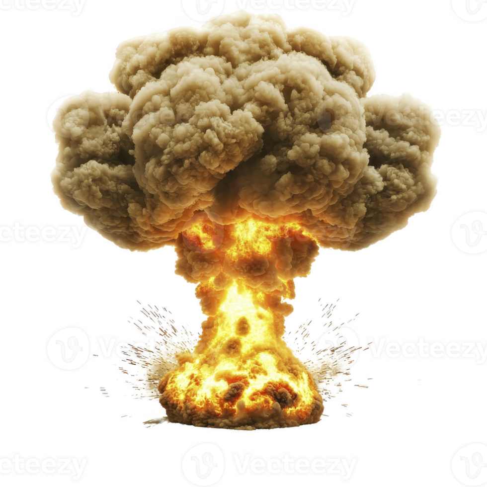 massive explosion with fiery blast and billowing smoke forms mushroom cloud, capturing intense energy and destructive power of event png