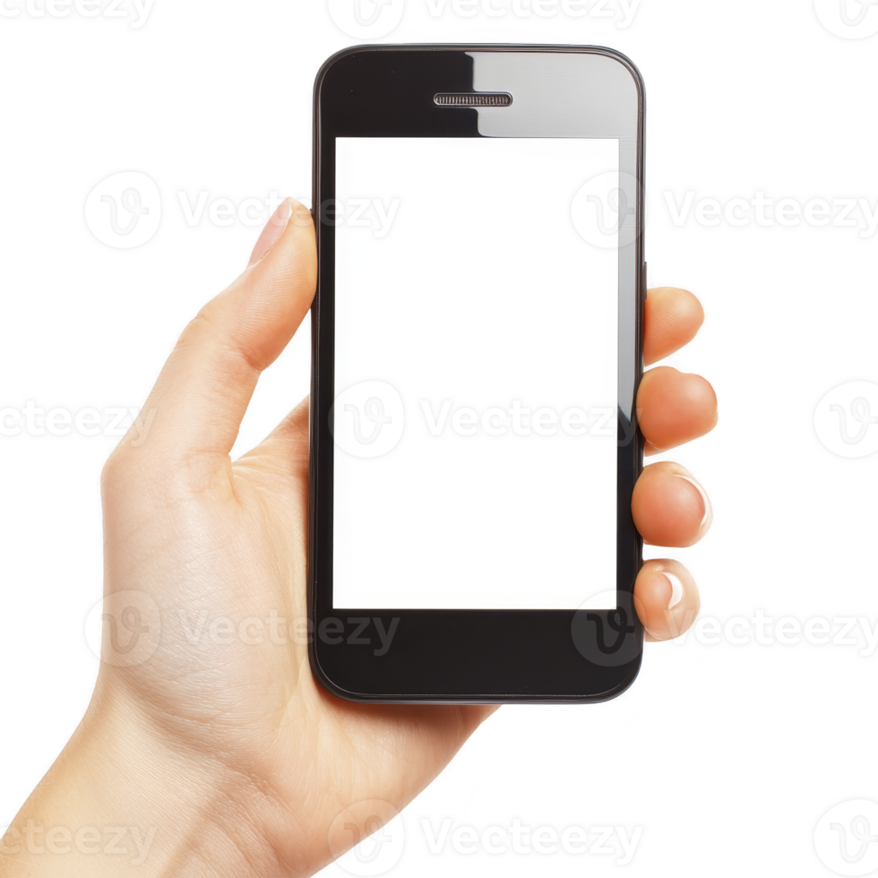 hand holding smartphone with blank screen, perfect for mockups or design presentations. phone is black, and background is isolated, highlighting device png