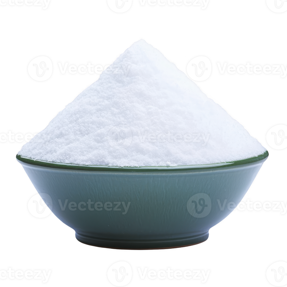 green bowl filled with mound of fine white powder, possibly flour or sugar, is displayed against plain background. texture appears soft and smooth png