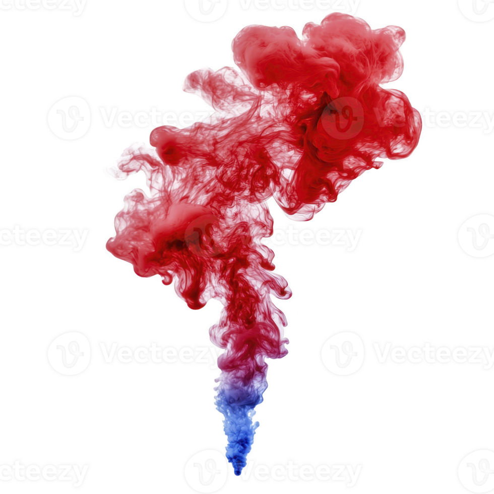 vibrant cloud of red and blue ink swirls gracefully in water, creating mesmerizing abstract pattern. colors blend seamlessly, forming intricate shapes and textures png