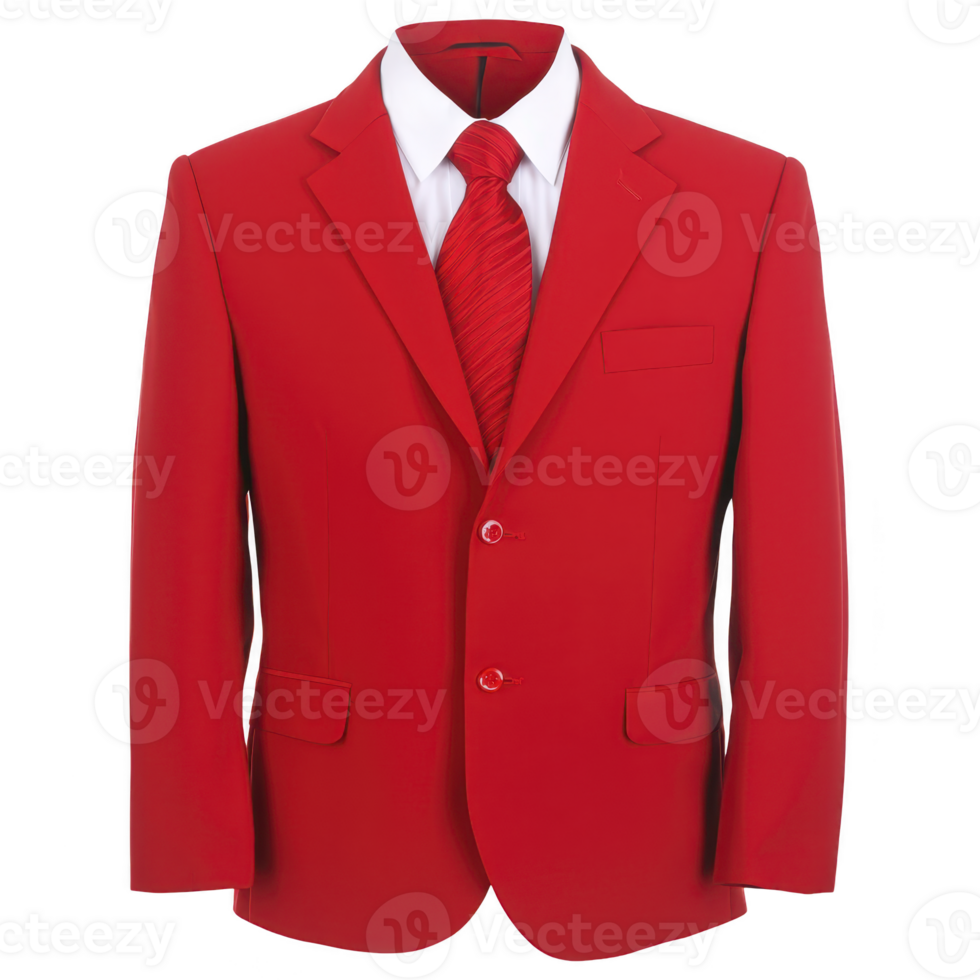 vibrant red suit jacket with matching tie and white shirt, perfect for formal occasions or making bold fashion statement. sleek design features two button closure and notched lapels png