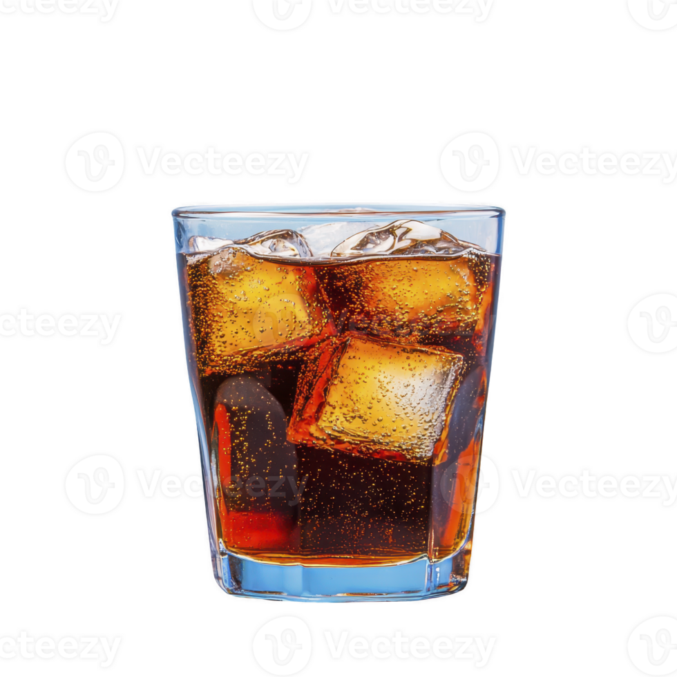 refreshing glass of with ice cubes, showcasing fizzy bubbles and rich dark color of beverage. drink is served in clear glass, highlighting its cool and inviting appearance png