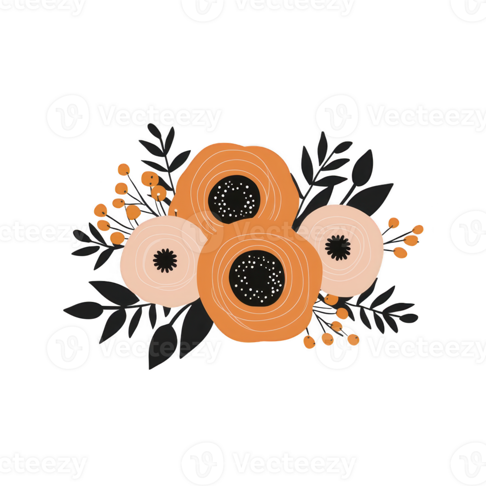 A digital illustration of stylized flowers features bold orange and pink blooms with dark leaves and small berries, creating modern and artistic floral design png