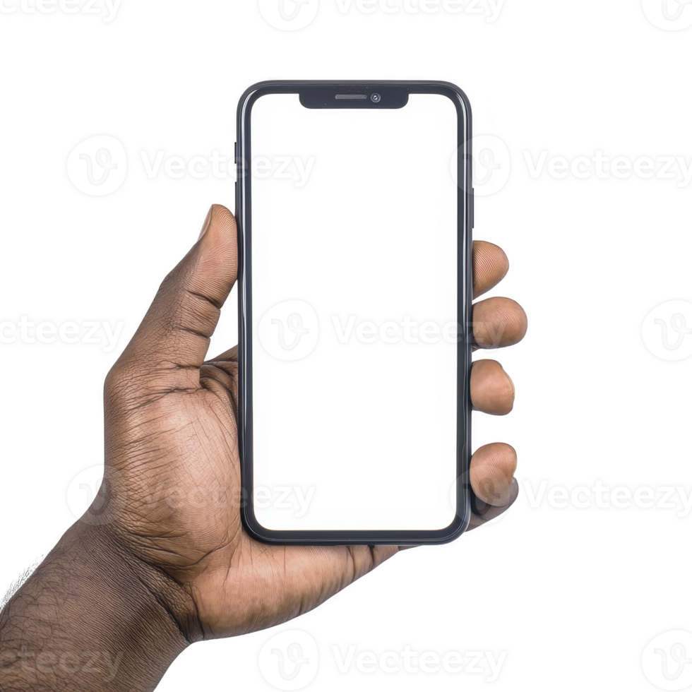 hand holding smartphone with blank screen, perfect for mockups or design presentations. phone is centered, and background is isolated, highlighting device png