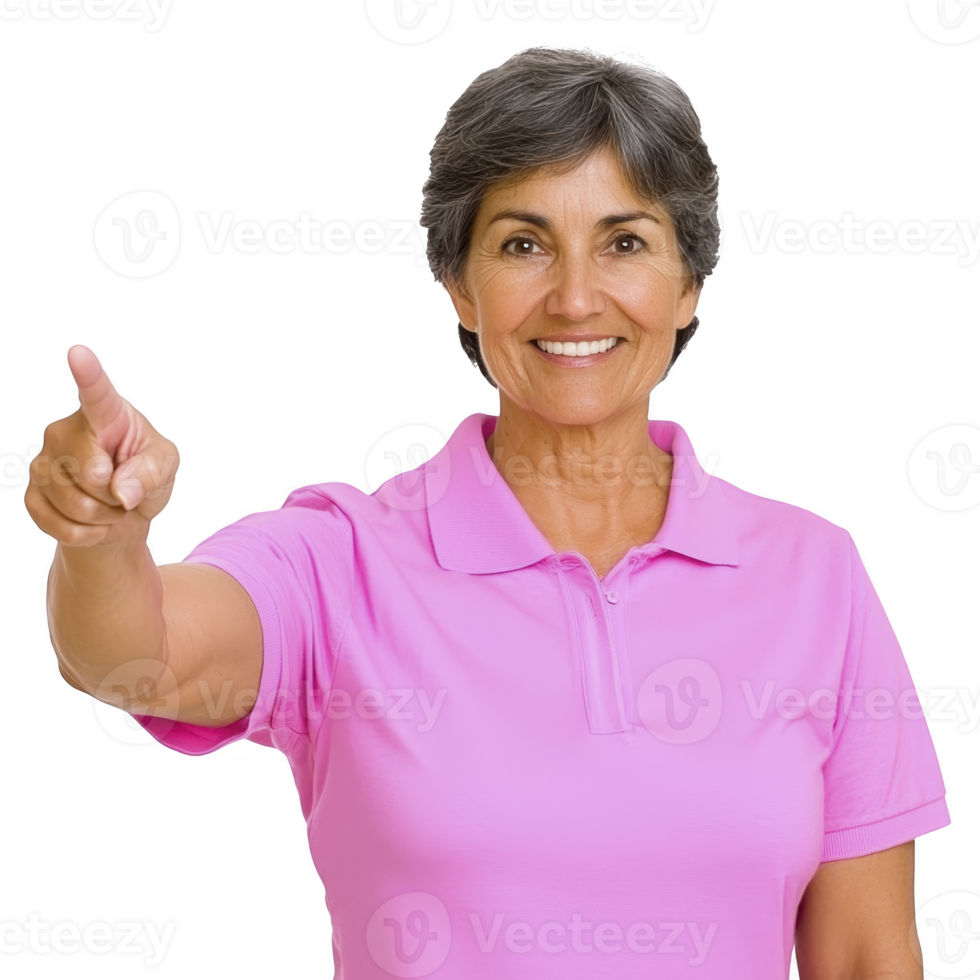 A Smiling older woman in pink polo shirt giving thumbs up gesture, expressing positivity and confidence. Her short gray hair complements her cheerful demeanor png