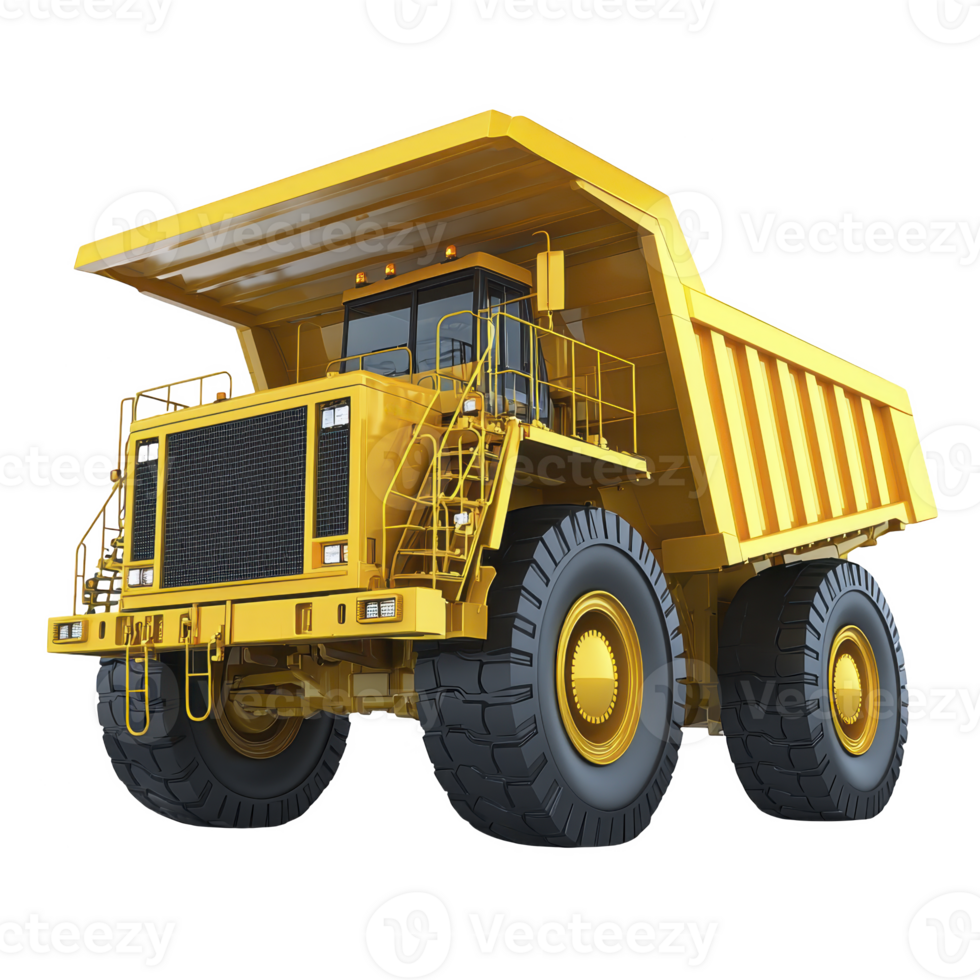large yellow dump truck with massive tires and sturdy frame is depicted, designed for heavy duty construction and mining tasks. Its robust build and spacious cargo area make it ideal png