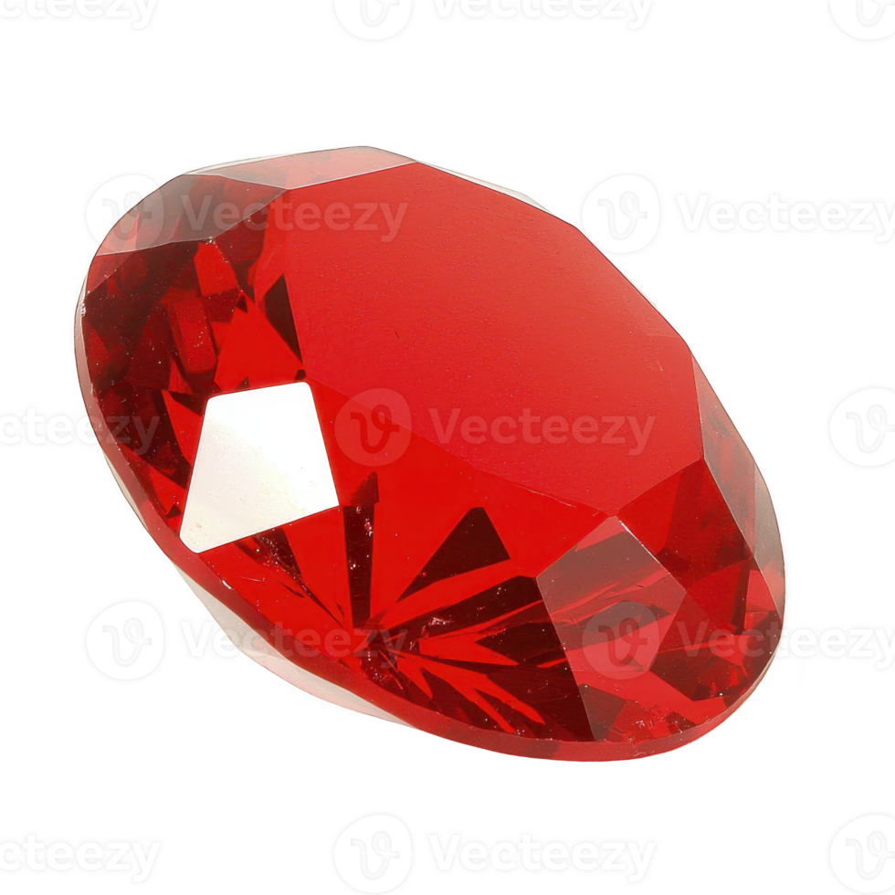 vibrant red gemstone with brilliant cut, showcasing its facets and clarity against plain background. gem rich color and polished surface create striking visual appeal png