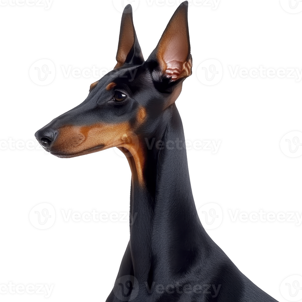 A sleek Doberman Pinscher with shiny black and tan coat stands alertly, showcasing its elegant and muscular build. dog pointed ears and focused expression convey intelligence and loyalty png