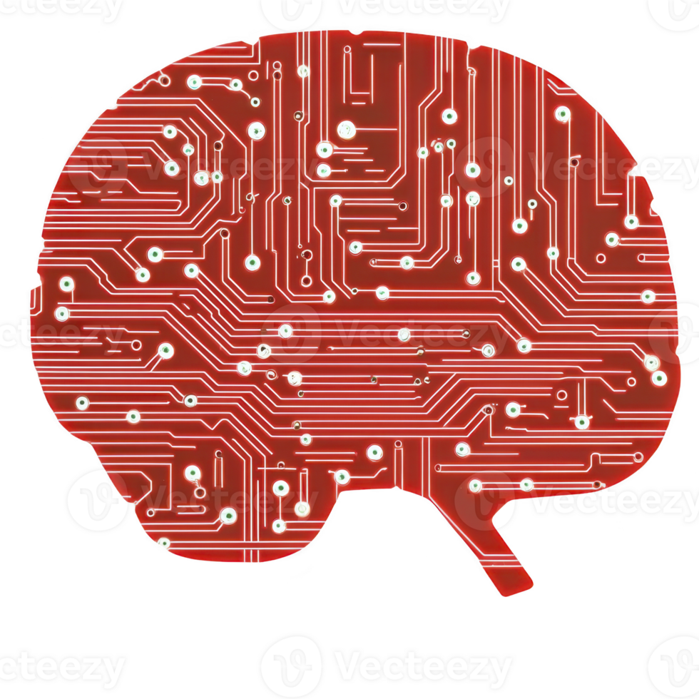 red circuit board in shape of brain symbolizes intersection of technology and human intelligence, highlighting concept of artificial intelligence and digital innovation png
