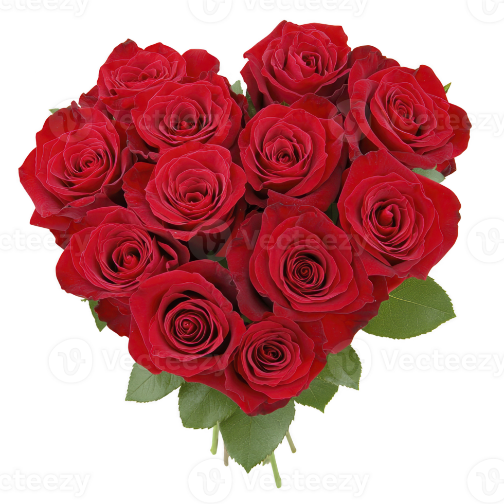 heart shaped arrangement of vibrant red roses with lush green leaves, symbolizing love and romance, perfect for special occasions like anniversaries or Valentine Day png