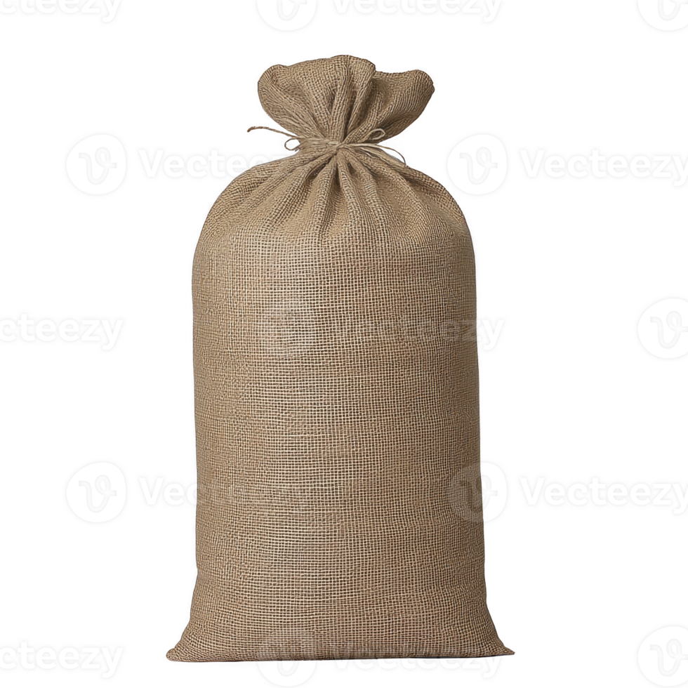 large burlap sack tied at top, commonly used for storing and transporting goods like grains or potatoes. texture is rough and natural, giving it rustic appearance png