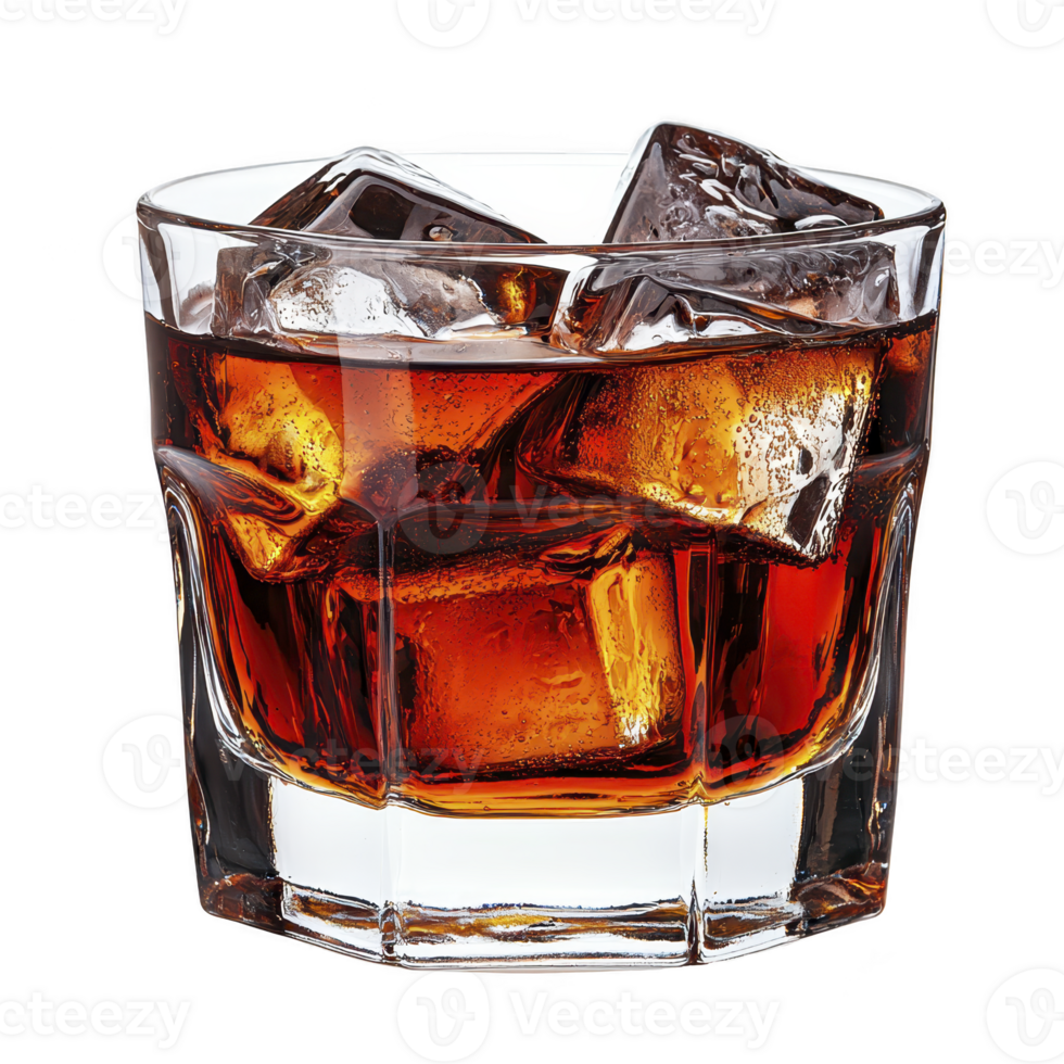 glass of whiskey on rocks, with large ice cubes, showcases rich amber color, creating classic and inviting appearance. drink is served in clear, faceted glass, enhancing its elegance png