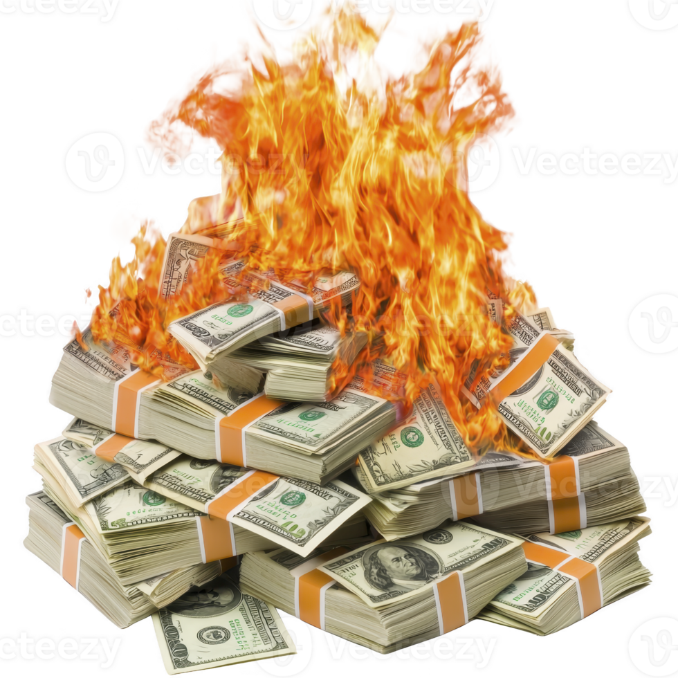 pile of money is engulfed in flames, symbolizing financial loss or waste. burning cash creates dramatic and intense visual, highlighting themes of risk and destruction png