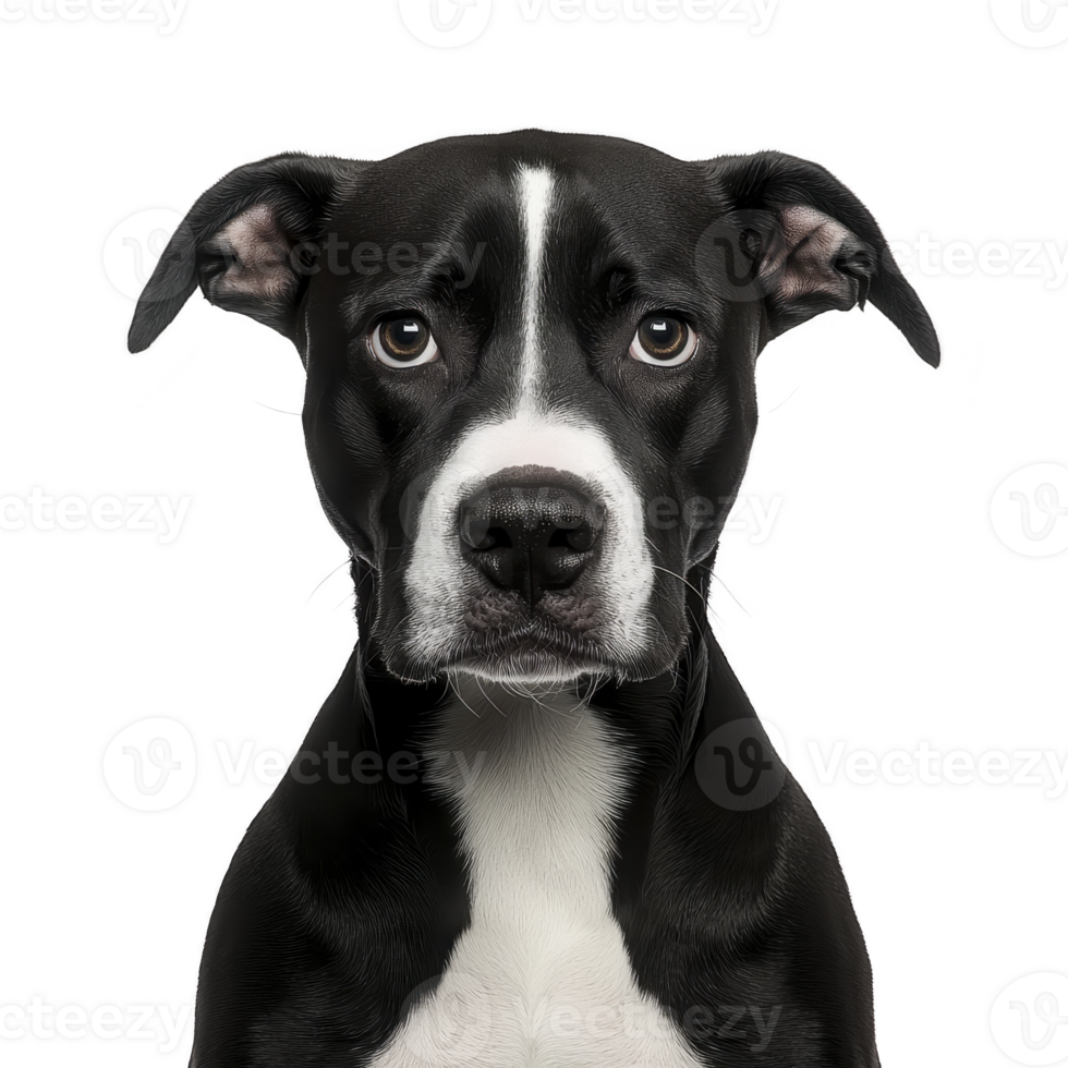 A black and white dog with expressive eyes stares directly at camera against plain background, showcasing its alert and curious nature png