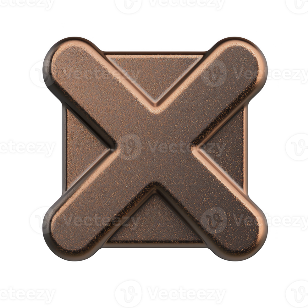 A 3D metallic bronze X symbol with textured surface, representing cancel or close icon, is displayed against transparent background. design is modern and sleek png