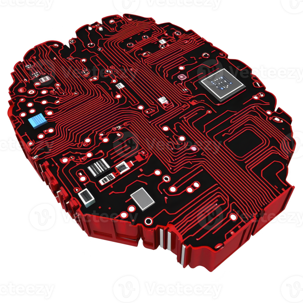 digital illustration of brain shaped circuit board with intricate red and black pathways, symbolizing artificial intelligence and technology. design is futuristic and innovative png