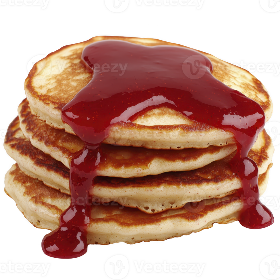 Fluffy pancakes stacked with sweet strawberry syrup drizzling down, creating delicious and inviting breakfast treat. Perfect for cozy morning meal png