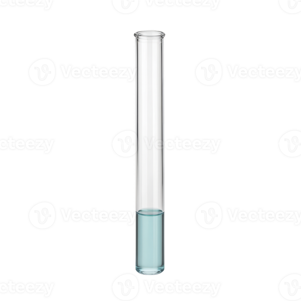 transparent glass test tube containing small amount of blue liquid stands upright against transparency background, symbolizing scientific experimentation png