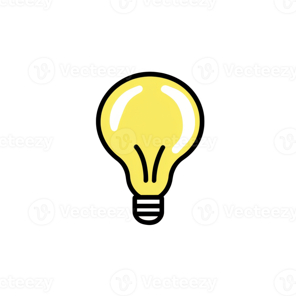 bright yellow light bulb icon with simple design, symbolizing ideas and creativity. bulb is outlined in black, with white highlight to indicate shine, set against transparent background png