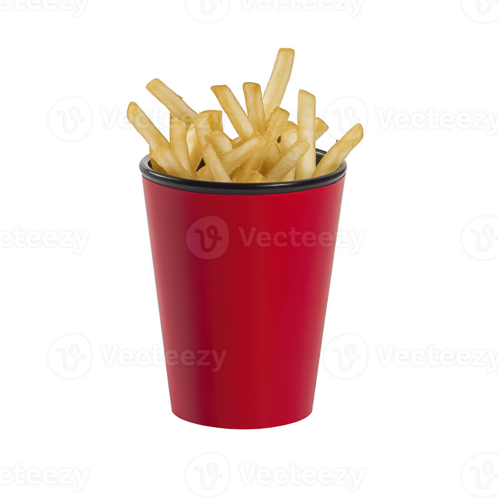 red container filled with crispy golden French fries, isolated on transparency background, showcasing delicious and tempting snack png