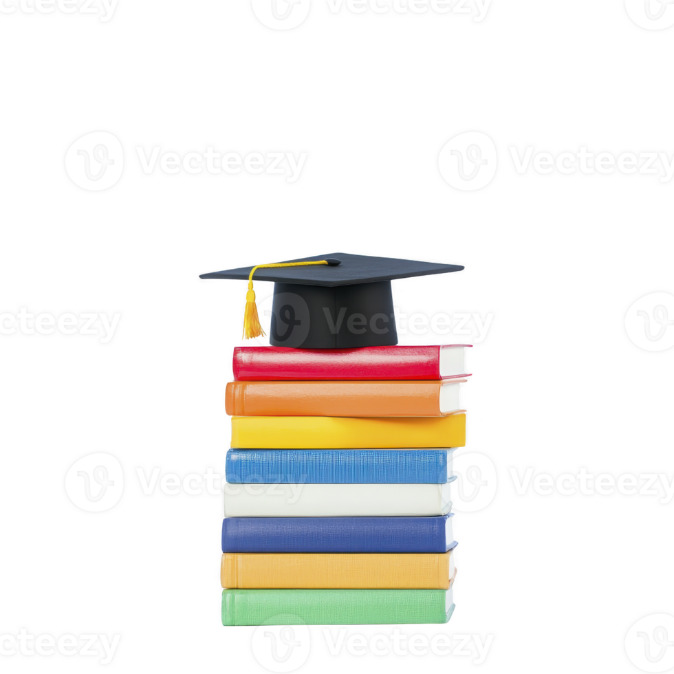 stack of colorful books is topped with graduation cap, symbolizing education and achievement. vibrant colors of books add lively touch to academic theme png