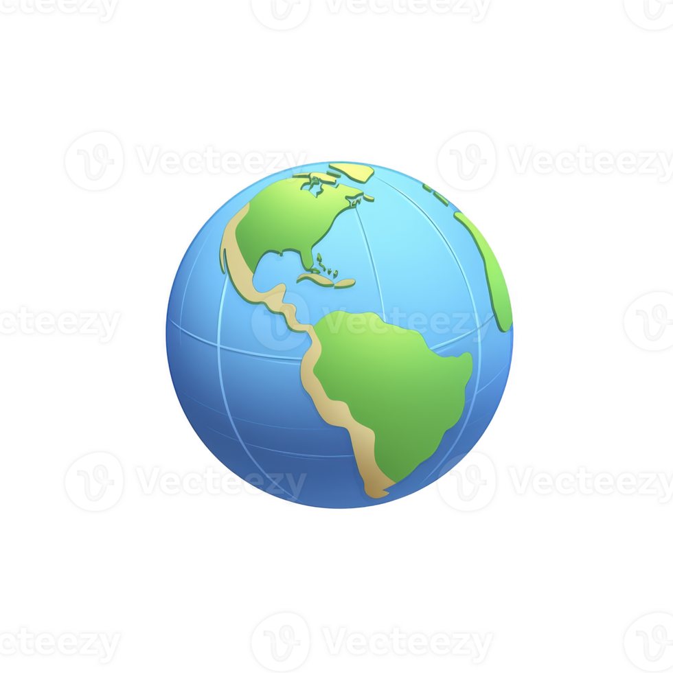 3D illustration of Earth showcasing North and South America, with vibrant blue oceans and green continents, symbolizing global connectivity and environmental awareness png
