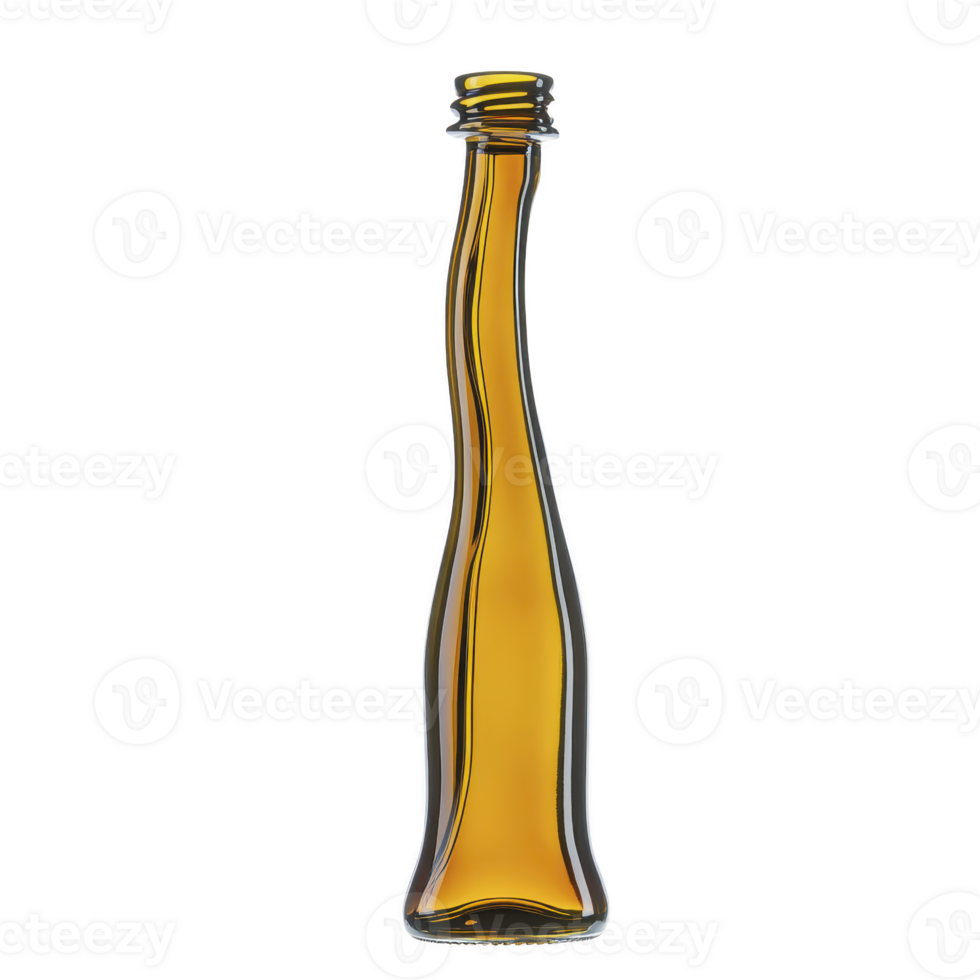 tall, slender, empty glass bottle with unique twisted design and warm amber hue stands against plain background, showcasing its elegant and artistic form png
