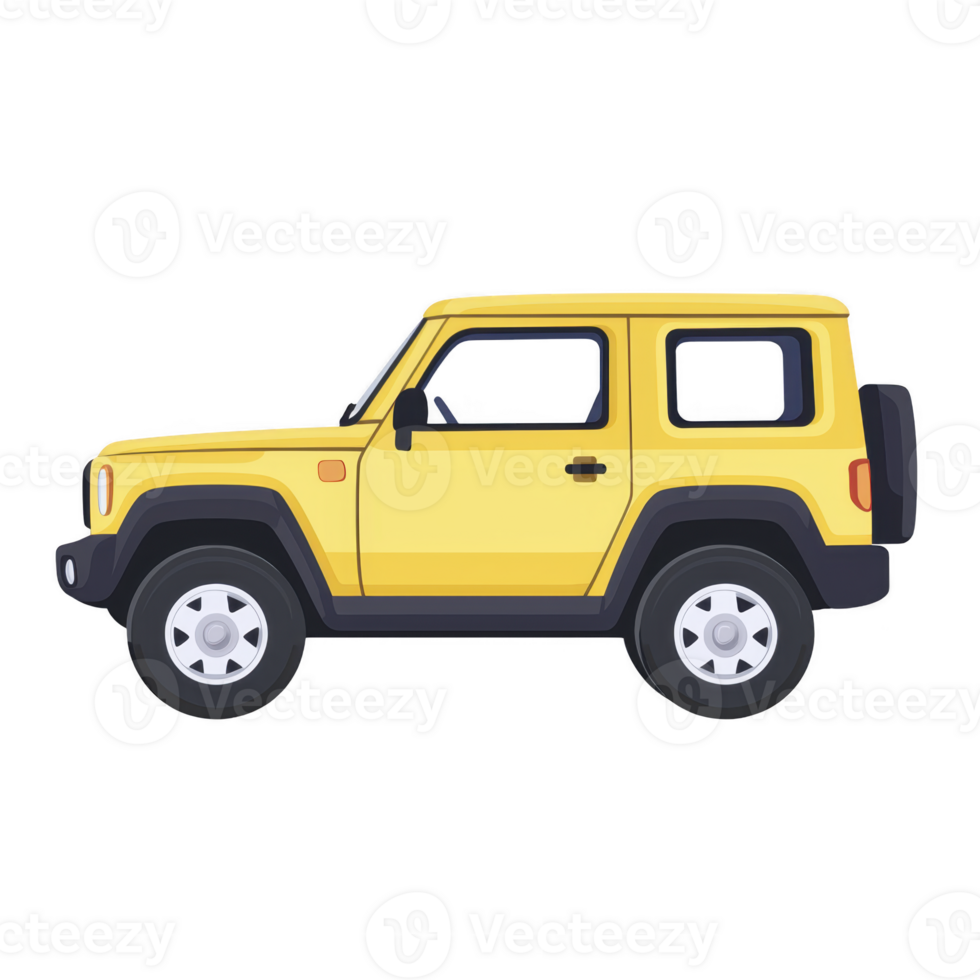 bright yellow compact SUV is depicted side view, showcasing its rugged design and off road capabilities. vehicle features boxy shape, large tires, and spare tire mounted rear, emphasizing its png